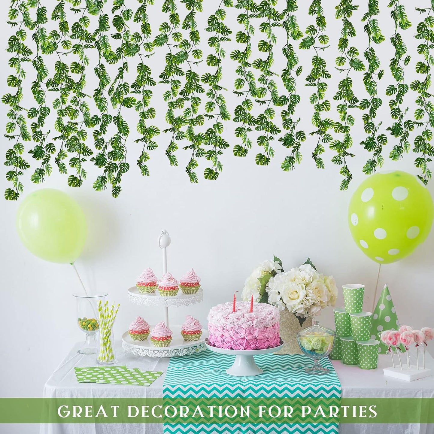 12 Pcs Artificial Monstera Leaf Vines 5.9 ft Fake Hanging Plant Ivy Tropical Palm Leaves Greenery Garland Monstera Faux Vine for Wedding Party Outdoor Decor Garden Porch Jungle Hawaiian Beach