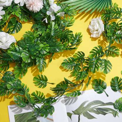 12 Pcs Artificial Monstera Leaf Vines 5.9 ft Fake Hanging Plant Ivy Tropical Palm Leaves Greenery Garland Monstera Faux Vine for Wedding Party Outdoor Decor Garden Porch Jungle Hawaiian Beach