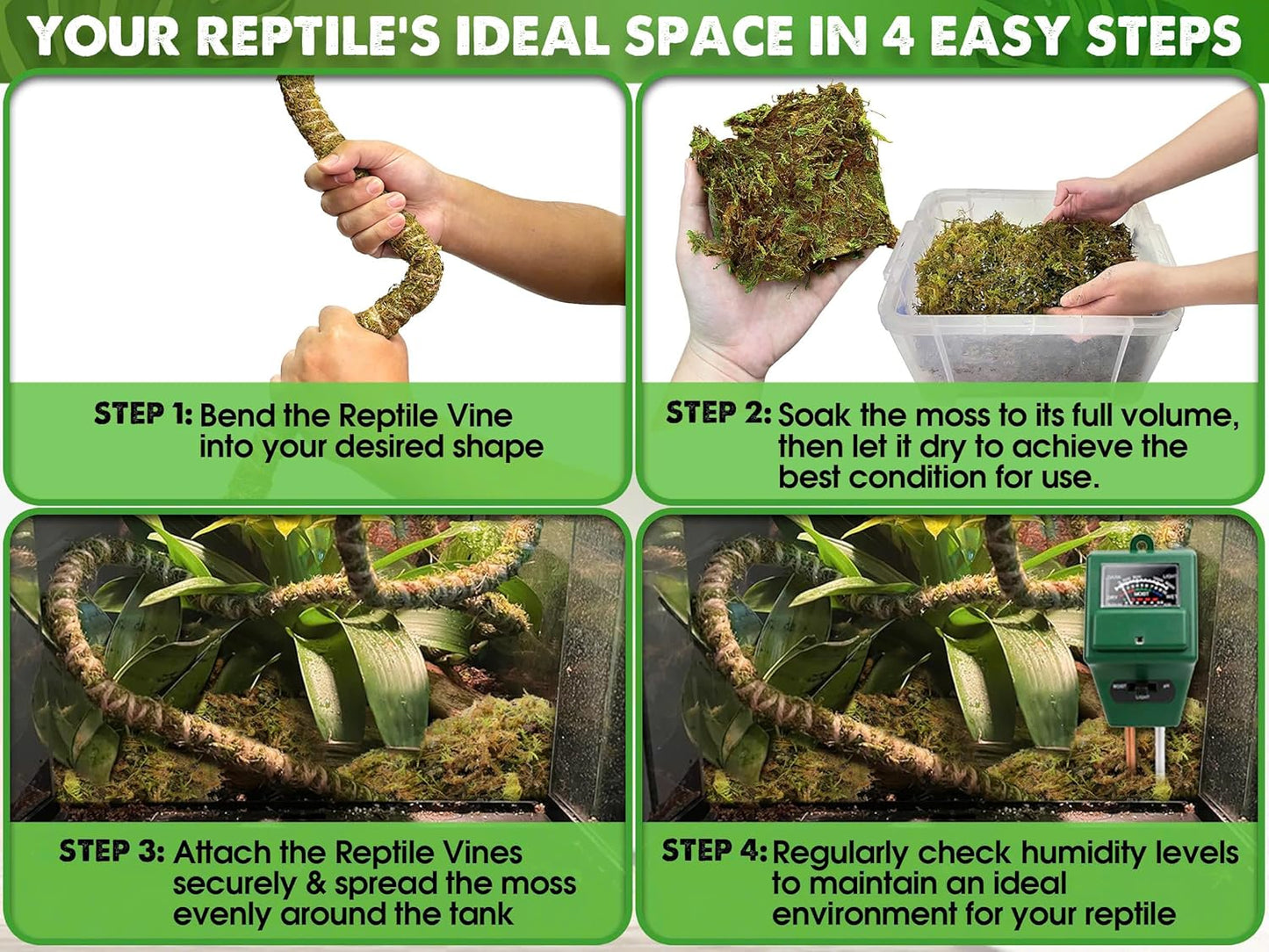 6.5FT Reptile Vine & Moss Set for Climbing Bendable Branch, Natural Moss Rope Jungle Decor for Bearded Dragon, Chameleon Tank Accessories, Snake Gecko Lizard Terrarium