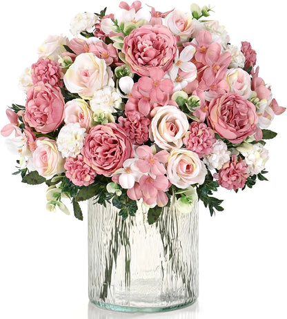 4 Packs Peonies Artificial Flowers Silk Pink Faux Peonies Bouquet | Fake Flower Arrangements Mixed Roses Hydrangea with Stems for Centerpiece Table Wedding Bridal Bouquets Home Decor