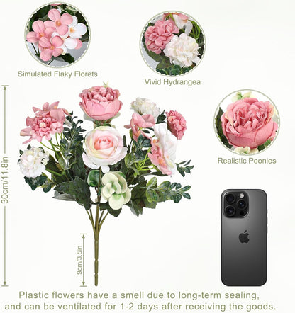 4 Packs Peonies Artificial Flowers Silk Pink Faux Peonies Bouquet | Fake Flower Arrangements Mixed Roses Hydrangea with Stems for Centerpiece Table Wedding Bridal Bouquets Home Decor
