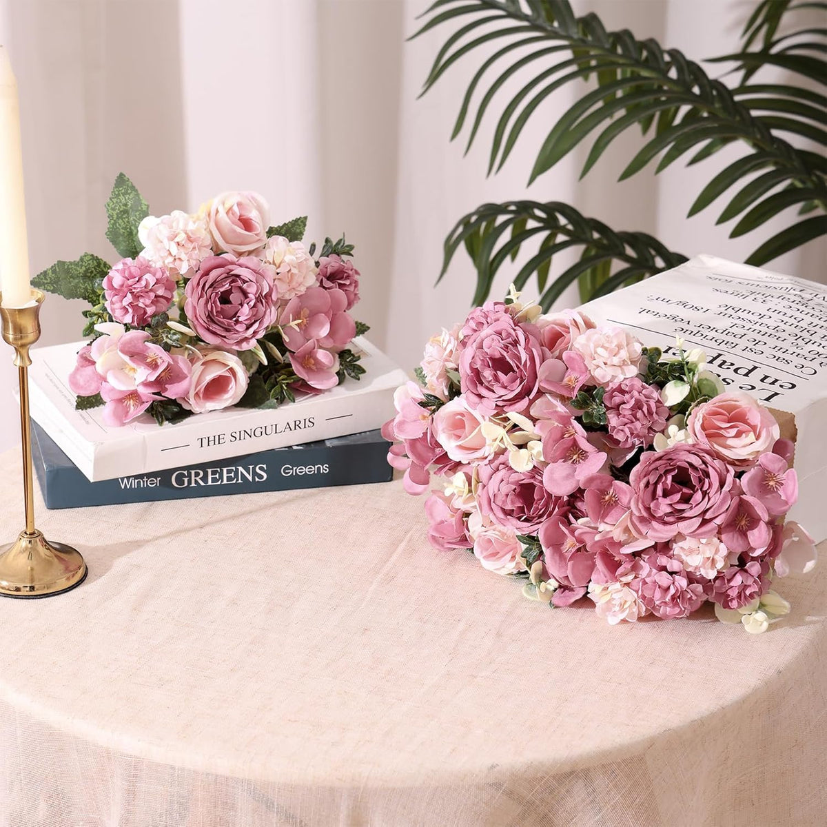 4 Packs Peonies Artificial Flowers Silk Pink Faux Peonies Bouquet | Fake Flower Arrangements Mixed Roses Hydrangea with Stems for Centerpiece Table Wedding Bridal Bouquets Home Decor