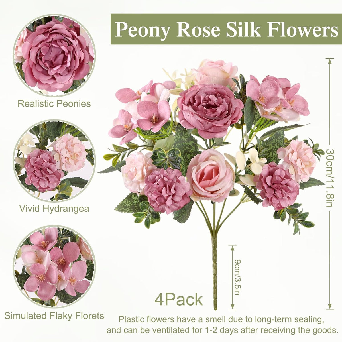 4 Packs Peonies Artificial Flowers Silk Pink Faux Peonies Bouquet | Fake Flower Arrangements Mixed Roses Hydrangea with Stems for Centerpiece Table Wedding Bridal Bouquets Home Decor