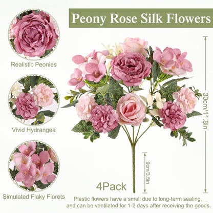 4 Packs Peonies Artificial Flowers Silk Pink Faux Peonies Bouquet | Fake Flower Arrangements Mixed Roses Hydrangea with Stems for Centerpiece Table Wedding Bridal Bouquets Home Decor