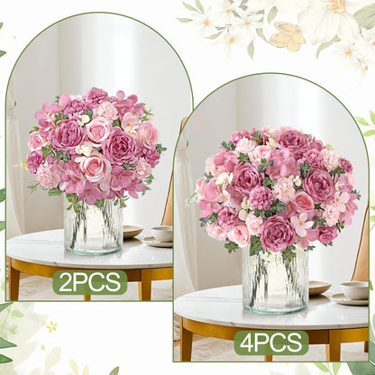 4 Packs Peonies Artificial Flowers Silk Pink Faux Peonies Bouquet | Fake Flower Arrangements Mixed Roses Hydrangea with Stems for Centerpiece Table Wedding Bridal Bouquets Home Decor