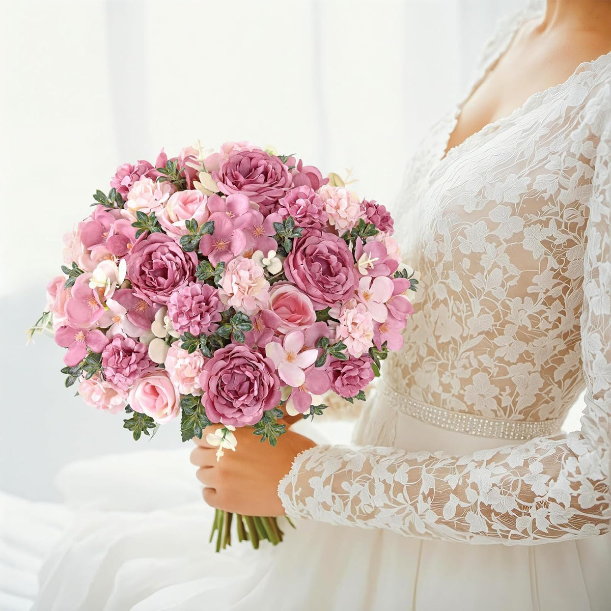 4 Packs Peonies Artificial Flowers Silk Pink Faux Peonies Bouquet | Fake Flower Arrangements Mixed Roses Hydrangea with Stems for Centerpiece Table Wedding Bridal Bouquets Home Decor