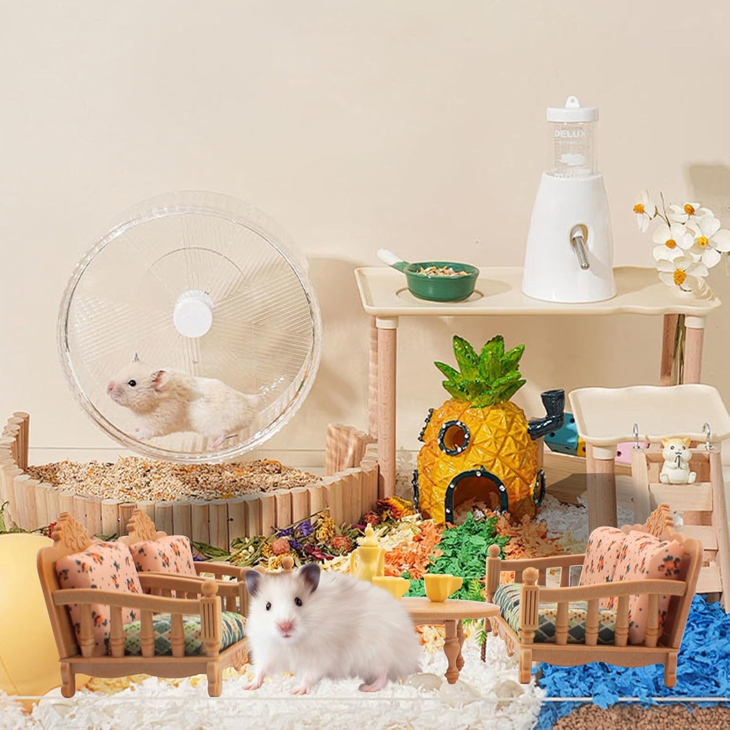 Hamster Mini Sofa Toy, Small Animal Habitat Decor Guinea Pig Furniture Toys Hamster Cage Accessories Including Couch and Teatable Coffee Cups, Habitat Accessories for Rat Dwarf