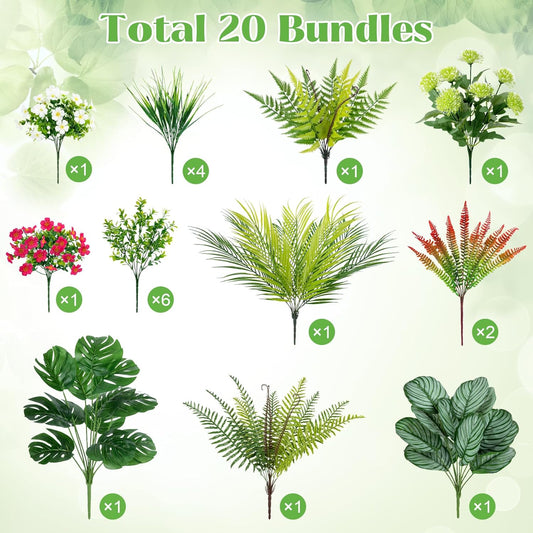 20 Pcs Artificial Plants Outdoor Fake Greenery Stems Plants | UV resistant, realistic boston fern, faux shrubs, plastic plants, indoor outdoor garden porch planter window box home decor