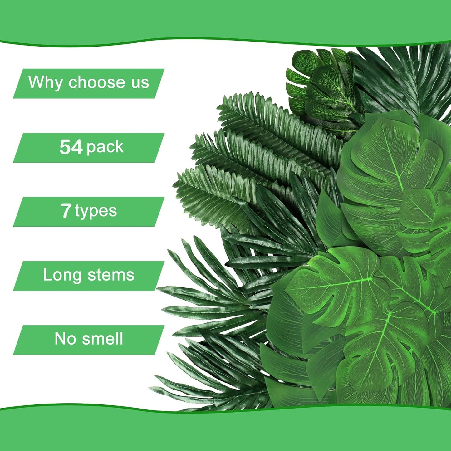 54 Pieces 7 Kinds Artificial Tropical Leaf Jungle Leaves Plant Safari Leaves Decorations Fake Palm Leaf with Stems for Hawaiian Luau Party Table Beach Birthday Wedding Theme Party Decorations