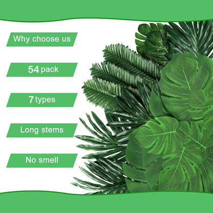 54 Pieces 7 Kinds Artificial Tropical Leaf Jungle Leaves Plant Safari Leaves Decorations Fake Palm Leaf with Stems for Hawaiian Luau Party Table Beach Birthday Wedding Theme Party Decorations