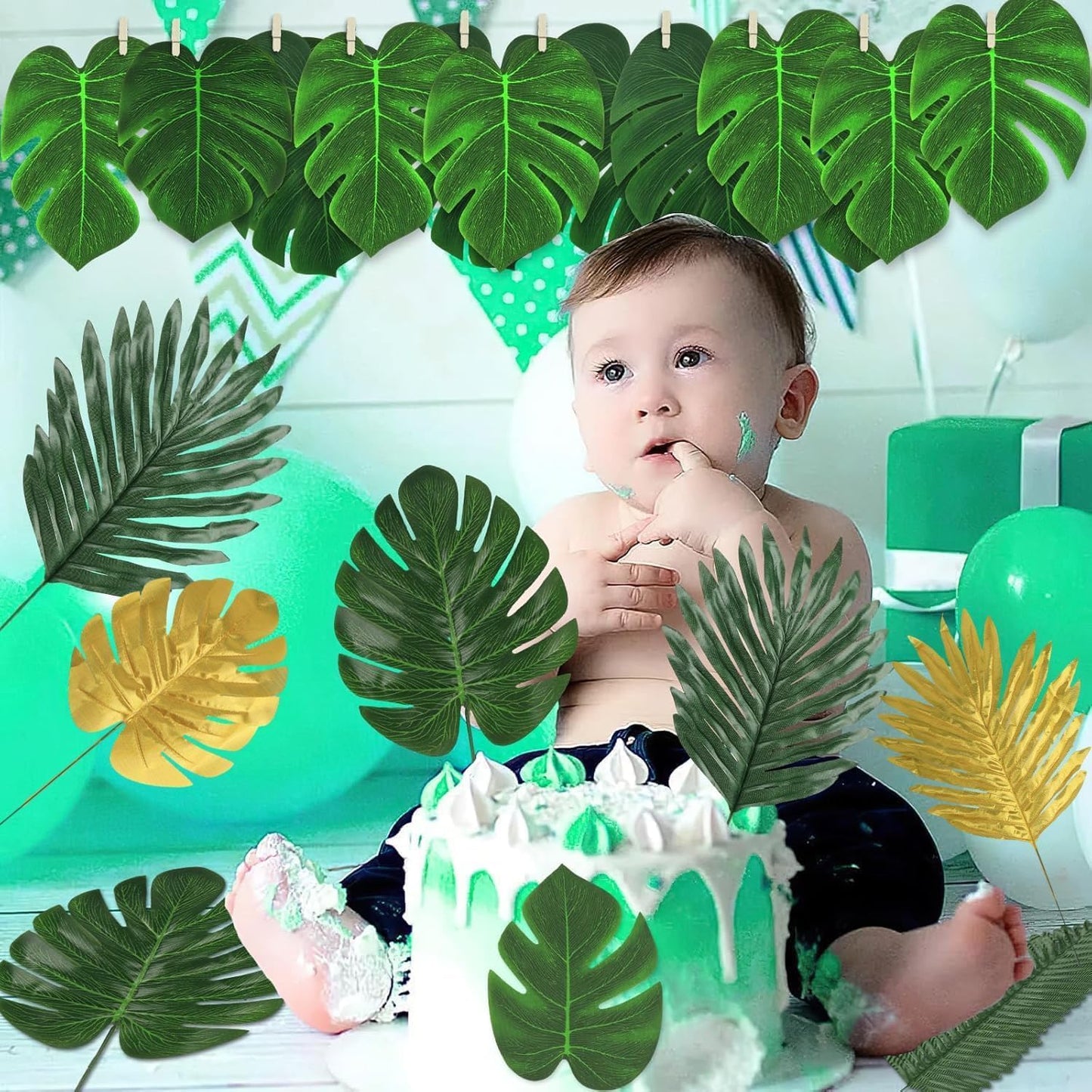 54 Pieces 7 Kinds Artificial Tropical Leaf Jungle Leaves Plant Safari Leaves Decorations Fake Palm Leaf with Stems for Hawaiian Luau Party Table Beach Birthday Wedding Theme Party Decorations