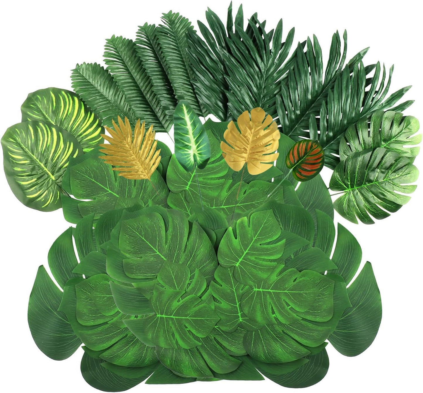54 Pieces 7 Kinds Artificial Tropical Leaf Jungle Leaves Plant Safari Leaves Decorations Fake Palm Leaf with Stems for Hawaiian Luau Party Table Beach Birthday Wedding Theme Party Decorations