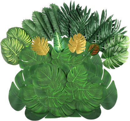 54 Pieces 7 Kinds Artificial Tropical Leaf Jungle Leaves Plant Safari Leaves Decorations Fake Palm Leaf with Stems for Hawaiian Luau Party Table Beach Birthday Wedding Theme Party Decorations