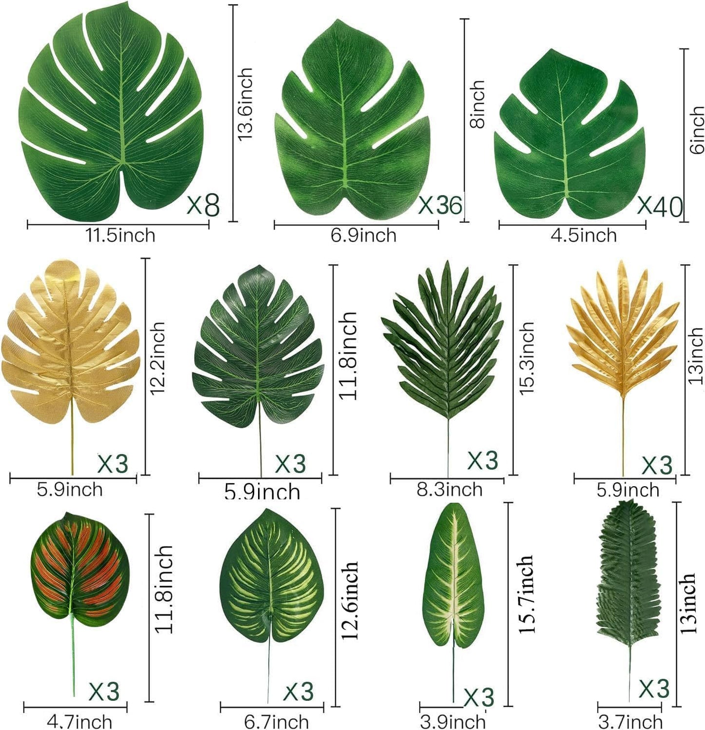 54 Pieces 7 Kinds Artificial Tropical Leaf Jungle Leaves Plant Safari Leaves Decorations Fake Palm Leaf with Stems for Hawaiian Luau Party Table Beach Birthday Wedding Theme Party Decorations