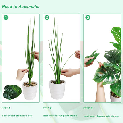Set of 2 Artificial Monstera Deliciosa Plants in Pots, Fake Tropical Palm Tree with Greenery Leaves Stems, 28 Inch Artificial Cheese Plant for Home Bathroom, Office, Windowsill Decor