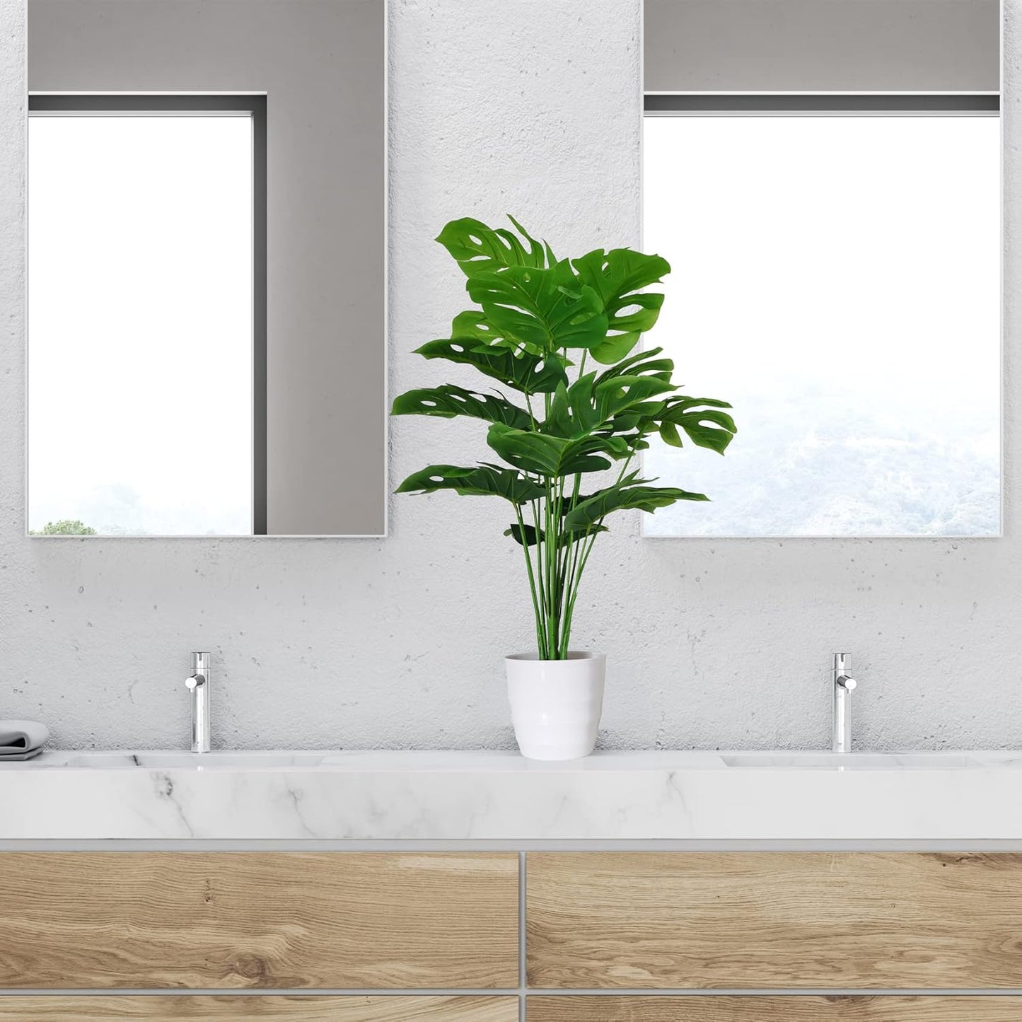 Set of 2 Artificial Monstera Deliciosa Plants in Pots, Fake Tropical Palm Tree with Greenery Leaves Stems, 28 Inch Artificial Cheese Plant for Home Bathroom, Office, Windowsill Decor