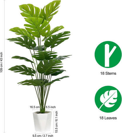 Set of 2 Artificial Monstera Deliciosa Plants in Pots, Fake Tropical Palm Tree with Greenery Leaves Stems, 28 Inch Artificial Cheese Plant for Home Bathroom, Office, Windowsill Decor