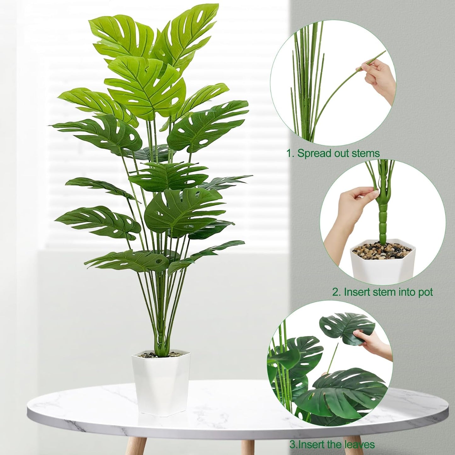 Set of 2 Artificial Monstera Deliciosa Plants in Pots, Fake Tropical Palm Tree with Greenery Leaves Stems, 28 Inch Artificial Cheese Plant for Home Bathroom, Office, Windowsill Decor