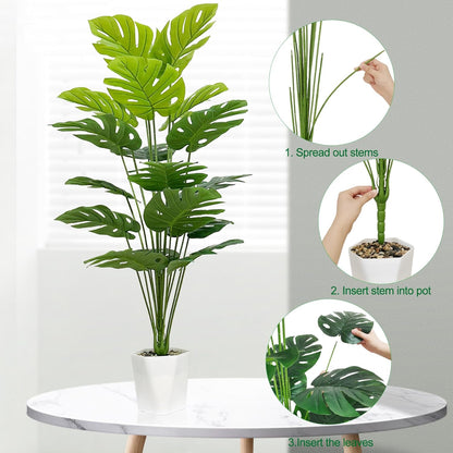 Set of 2 Artificial Monstera Deliciosa Plants in Pots, Fake Tropical Palm Tree with Greenery Leaves Stems, 28 Inch Artificial Cheese Plant for Home Bathroom, Office, Windowsill Decor