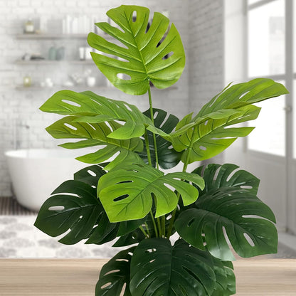 Set of 2 Artificial Monstera Deliciosa Plants in Pots, Fake Tropical Palm Tree with Greenery Leaves Stems, 28 Inch Artificial Cheese Plant for Home Bathroom, Office, Windowsill Decor