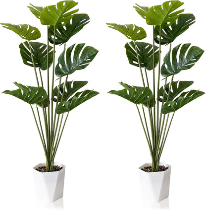 Set of 2 Artificial Monstera Deliciosa Plants in Pots, Fake Tropical Palm Tree with Greenery Leaves Stems, 28 Inch Artificial Cheese Plant for Home Bathroom, Office, Windowsill Decor