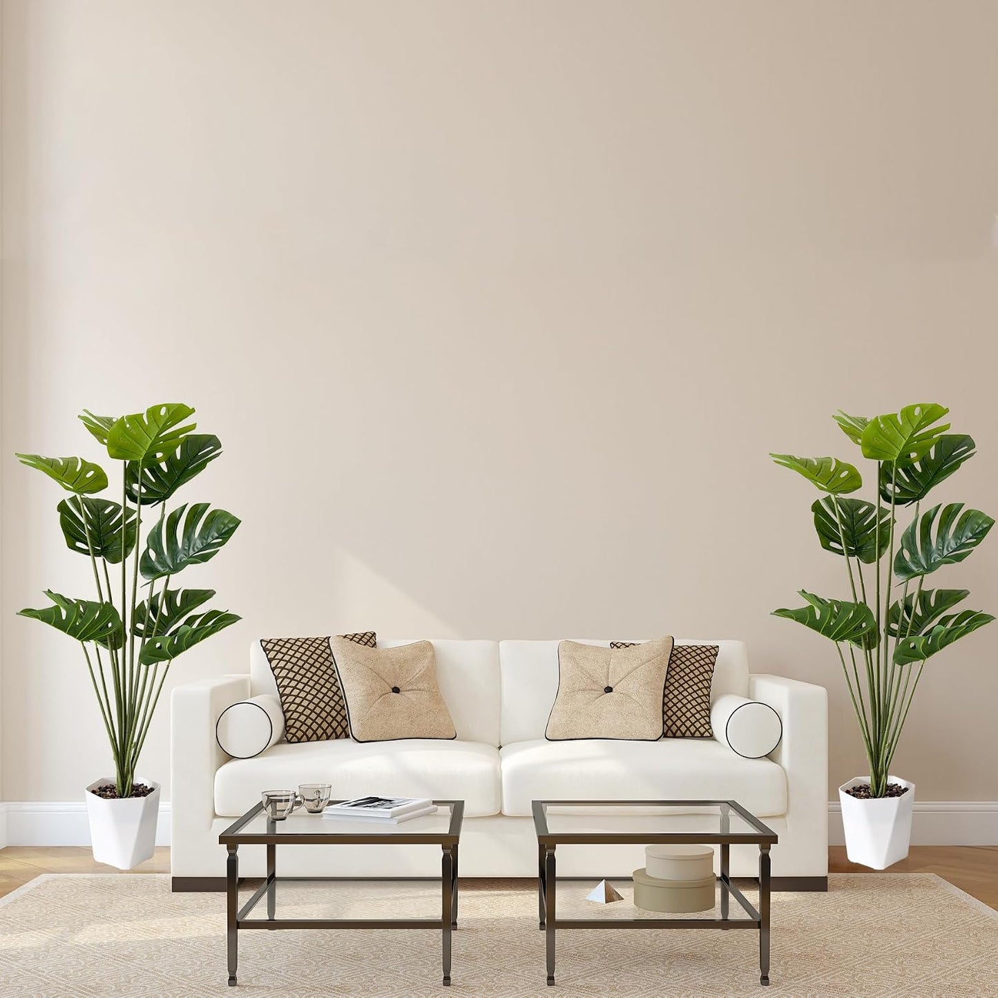Set of 2 Artificial Monstera Deliciosa Plants in Pots, Fake Tropical Palm Tree with Greenery Leaves Stems, 28 Inch Artificial Cheese Plant for Home Bathroom, Office, Windowsill Decor