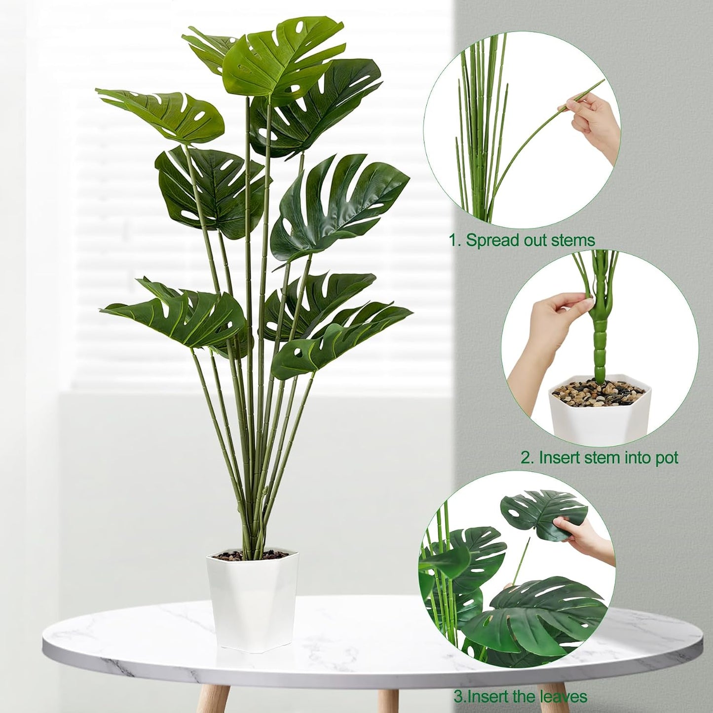 Set of 2 Artificial Monstera Deliciosa Plants in Pots, Fake Tropical Palm Tree with Greenery Leaves Stems, 28 Inch Artificial Cheese Plant for Home Bathroom, Office, Windowsill Decor