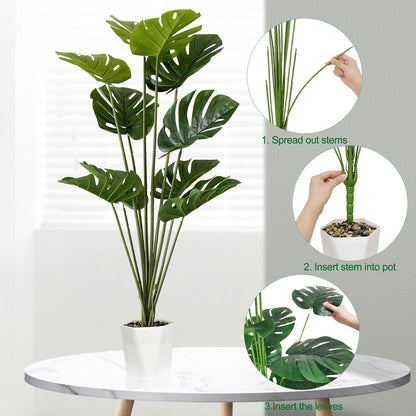 Set of 2 Artificial Monstera Deliciosa Plants in Pots, Fake Tropical Palm Tree with Greenery Leaves Stems, 28 Inch Artificial Cheese Plant for Home Bathroom, Office, Windowsill Decor