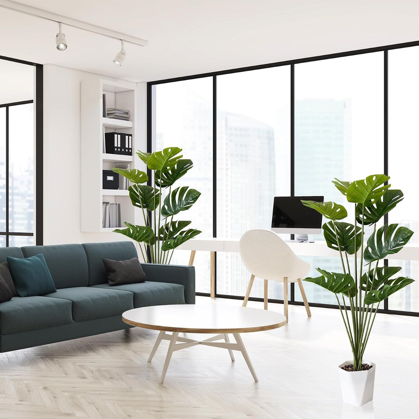 Set of 2 Artificial Monstera Deliciosa Plants in Pots, Fake Tropical Palm Tree with Greenery Leaves Stems, 28 Inch Artificial Cheese Plant for Home Bathroom, Office, Windowsill Decor