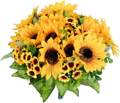 2 Pack Artificial Sunflower Bouquet, Silk Sunflowers Fake Yellow Flowers with Stems, Faux Sunflower Centerpieces for Vase, Farmhouse Home Decor, Wedding Table Arrangements