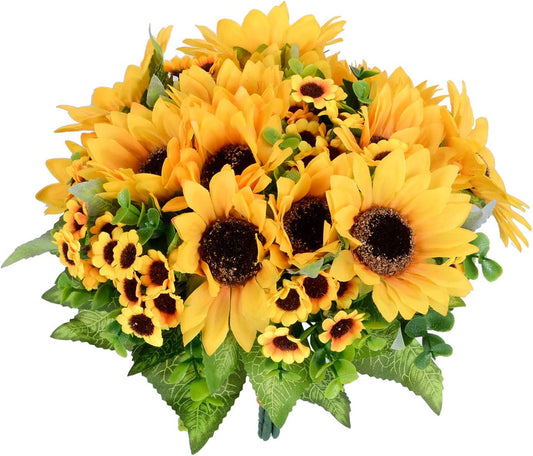 2 Pack Artificial Sunflower Bouquet, Silk Sunflowers Fake Yellow Flowers with Stems, Faux Sunflower Centerpieces for Vase, Farmhouse Home Decor, Wedding Table Arrangements