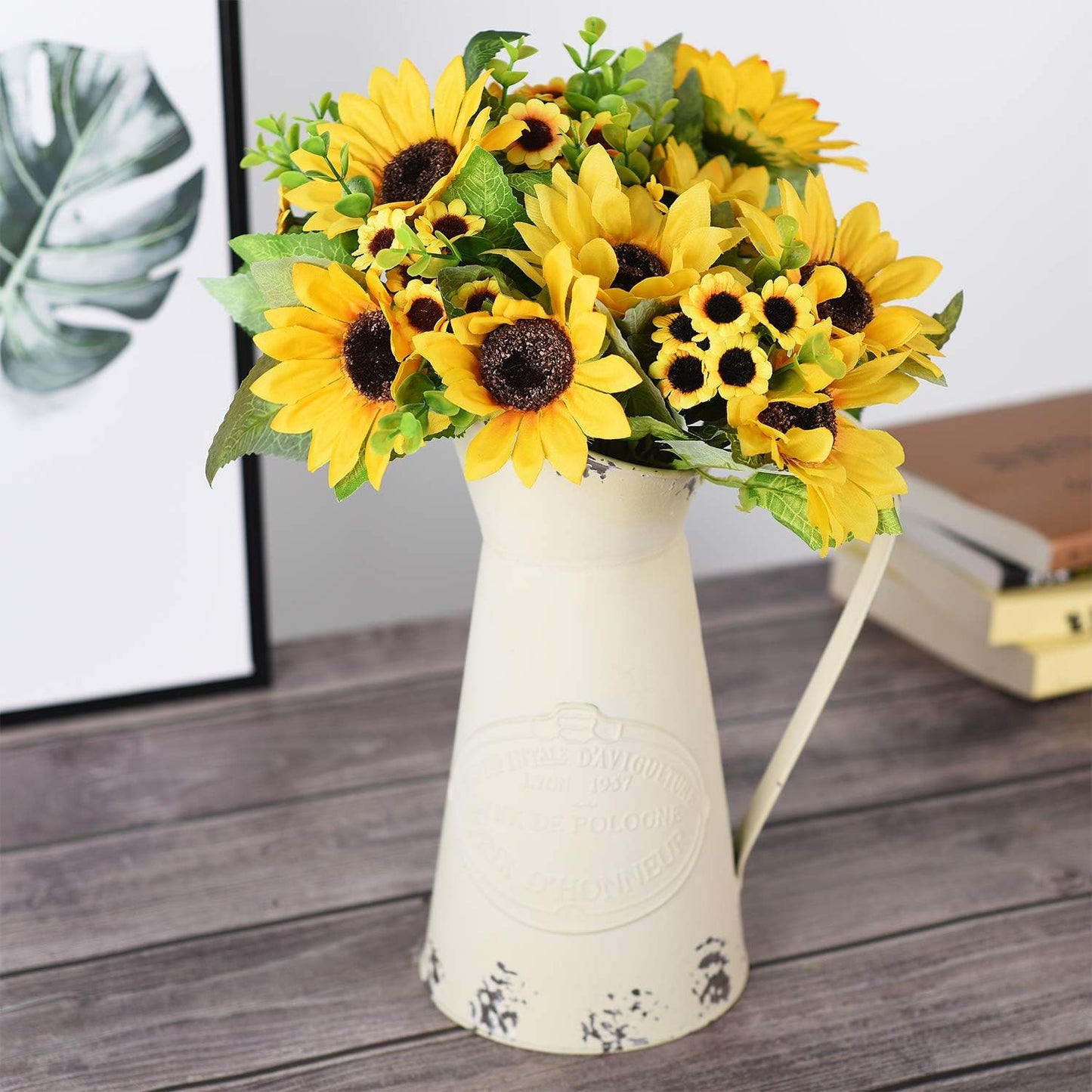 2 Pack Artificial Sunflower Bouquet, Silk Sunflowers Fake Yellow Flowers with Stems, Faux Sunflower Centerpieces for Vase, Farmhouse Home Decor, Wedding Table Arrangements