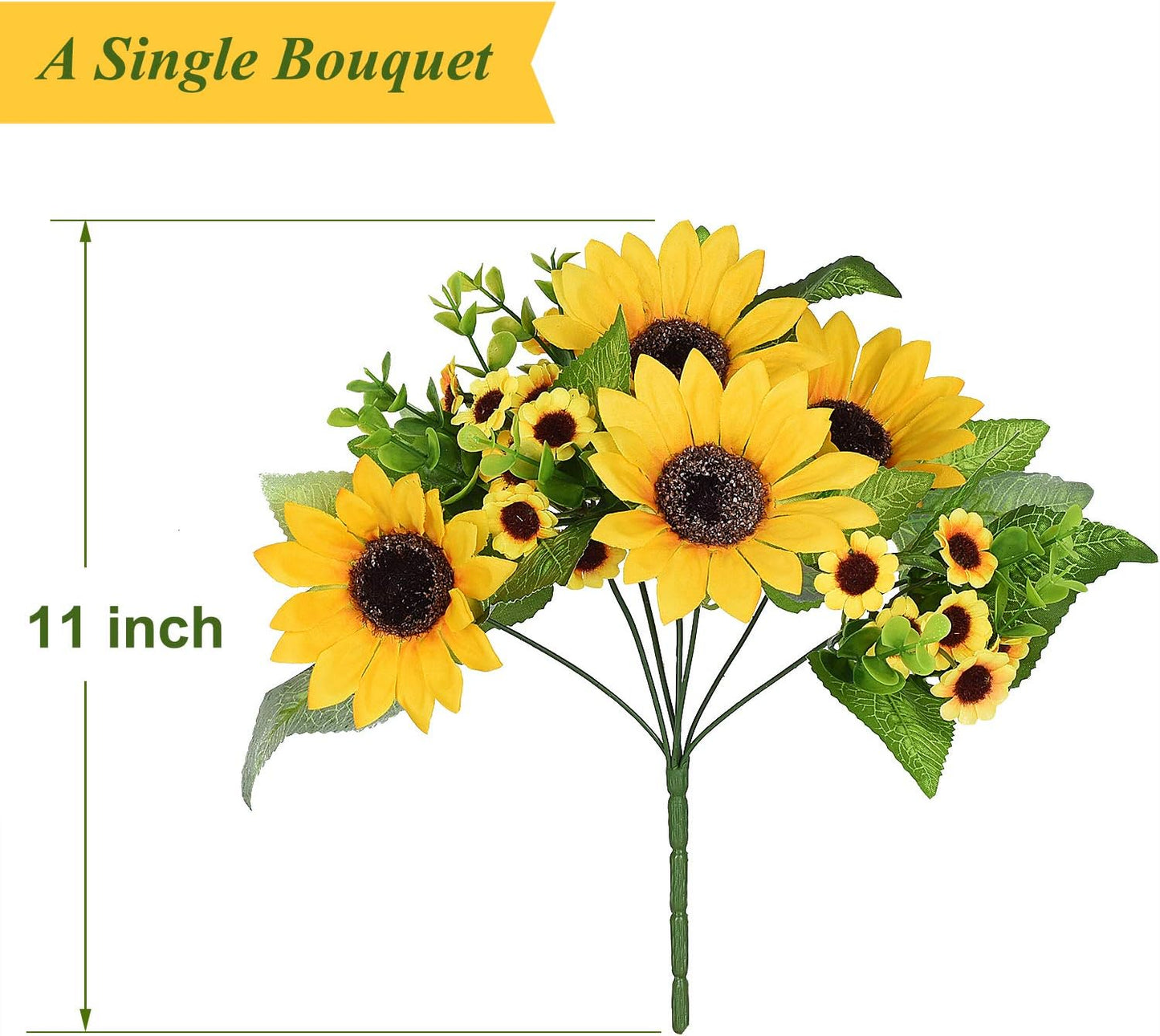 2 Pack Artificial Sunflower Bouquet, Silk Sunflowers Fake Yellow Flowers with Stems, Faux Sunflower Centerpieces for Vase, Farmhouse Home Decor, Wedding Table Arrangements