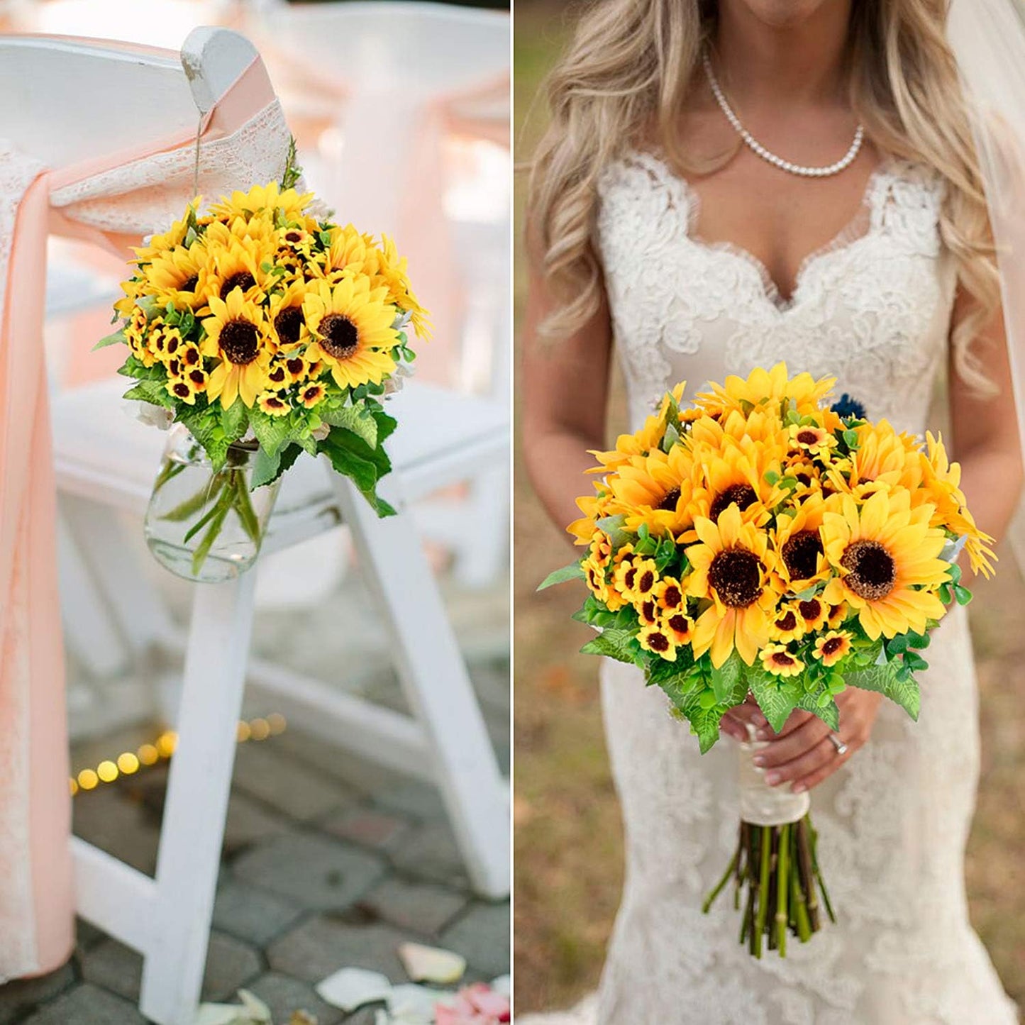 2 Pack Artificial Sunflower Bouquet, Silk Sunflowers Fake Yellow Flowers with Stems, Faux Sunflower Centerpieces for Vase, Farmhouse Home Decor, Wedding Table Arrangements