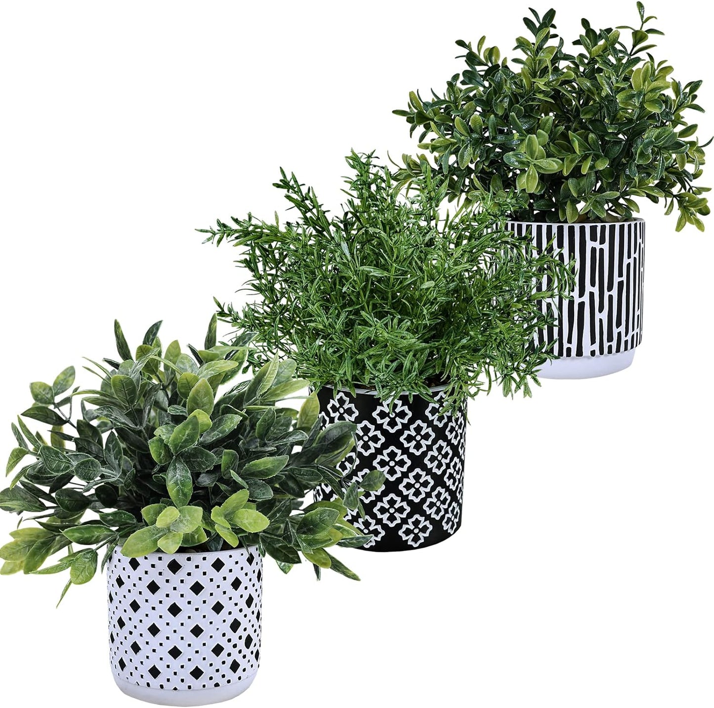 3-Pack Artificial Potted Plants - Faux Eucalyptus, Rosemary, Boxwood Greenery in Small Black & White Geometric Concrete Pots -Desk, Table, Shelf, Windowsill Decor for Indoor Outdoor Home Office