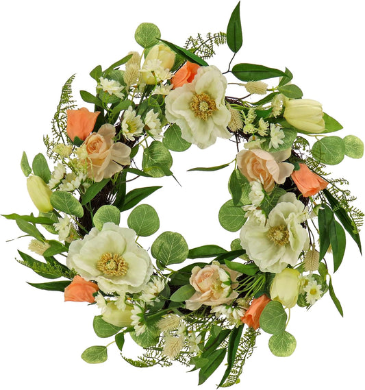 22 inch Artificial Spring Wreath with Tulip, Poppy, and Buttercup Blooms, Realistic Floral Decoration for Front Door or Indoor Décor