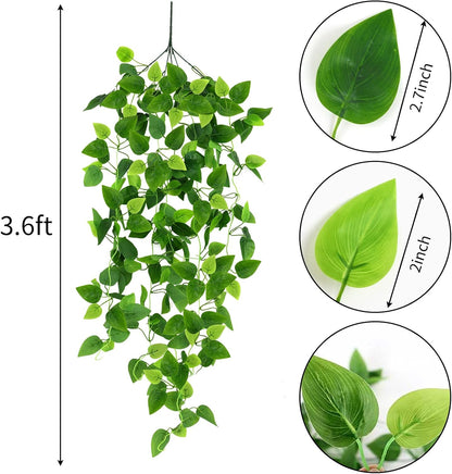 Fake Hanging Plants for Room Decor, 3.6ft Artificial Ivy Pothos Vine for Wall Living Room Patio Indoor Outdoor Home Shelf Office Decor (No Baskets)