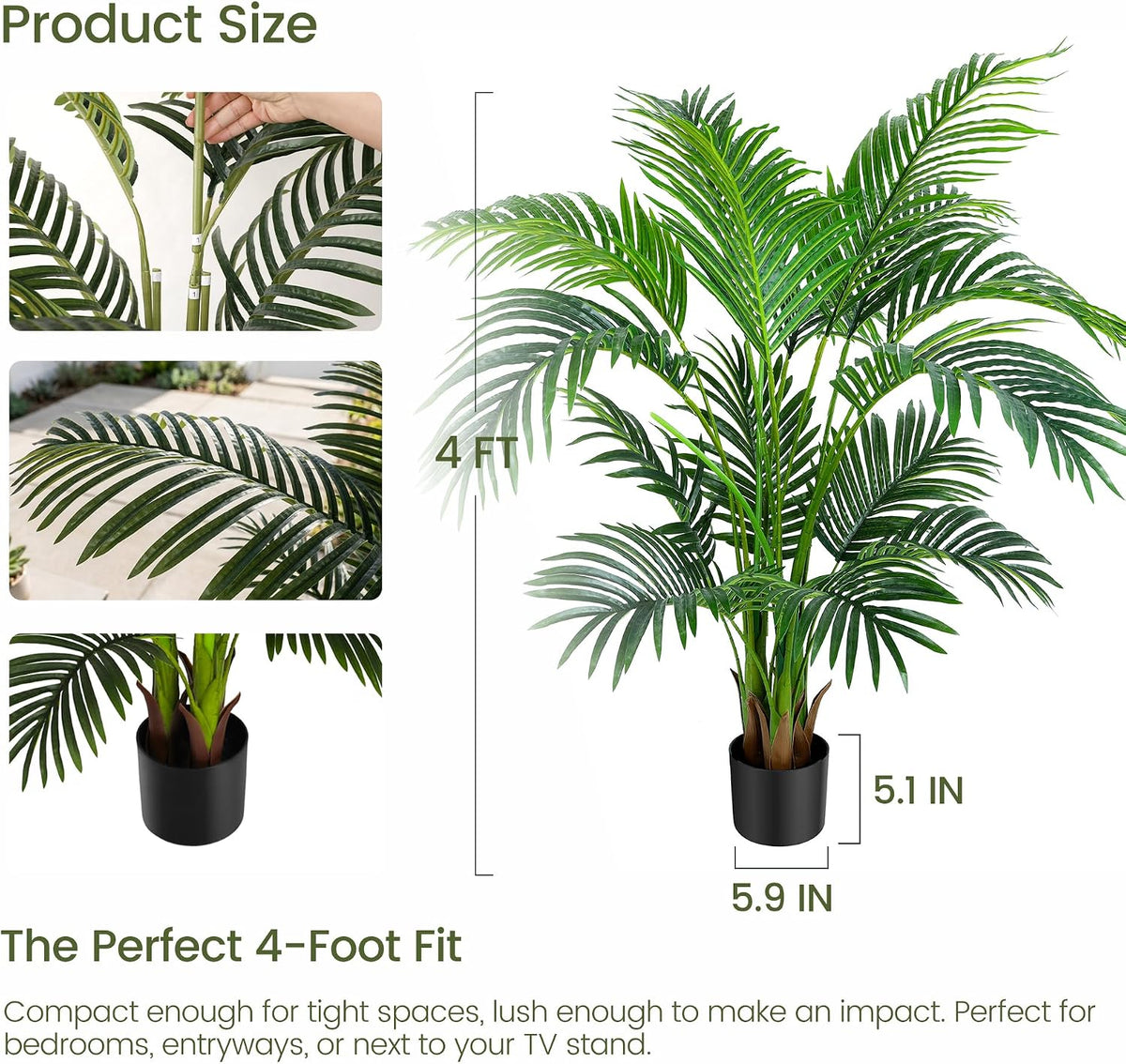 4ft Artificial Areca Palm Tree Plant, 47in Fake Cane Palm, Dypsis Lutescens