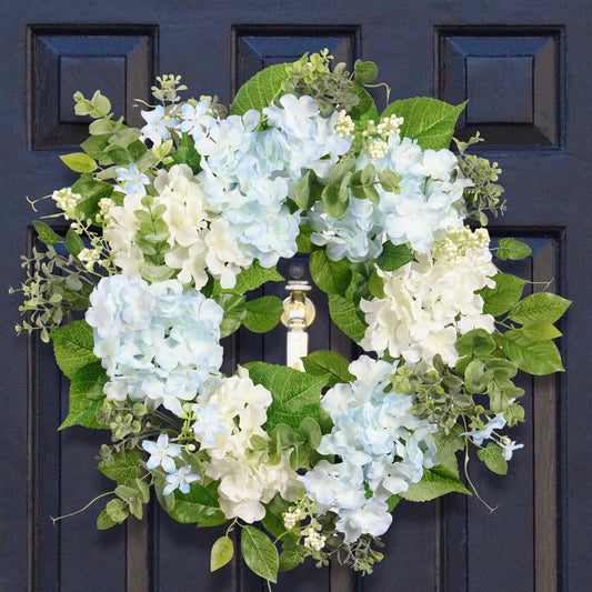 Spring Wreath Artificial Hydrangea Eucalyptus 20IN, Light Blue White Green, Spring Easter Summer Front Door Wall Décor
