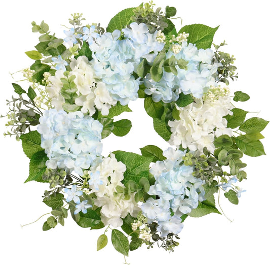 Spring Wreath Artificial Hydrangea Eucalyptus 20IN, Light Blue White Green, Spring Easter Summer Front Door Wall Décor
