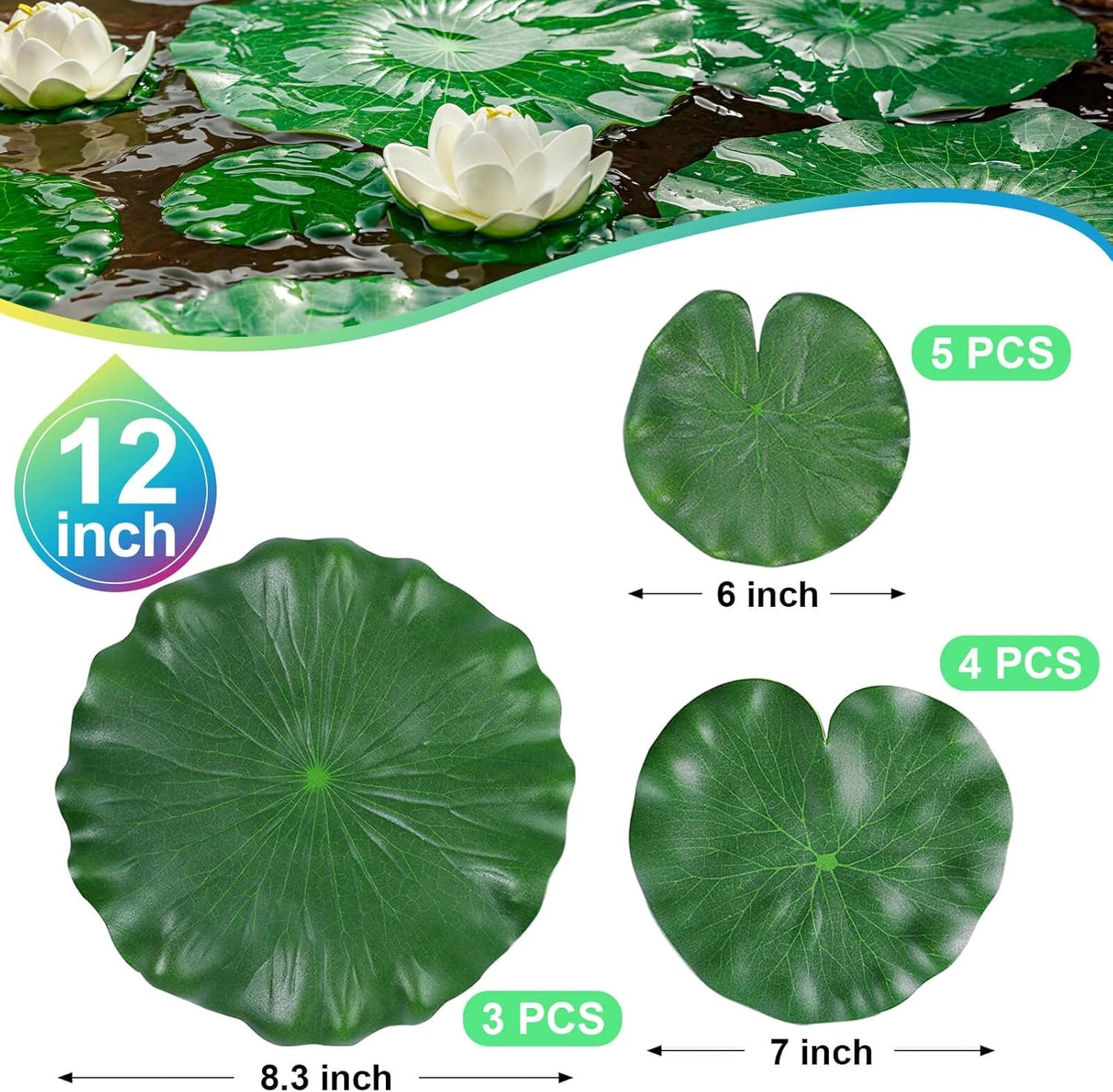 12Pcs Lily Pads for Ponds, Artificial Floating Foam Lotus Leaves, Lily Pads Foliage Pond Decor for Koi Fish Pool Patio Aquarium