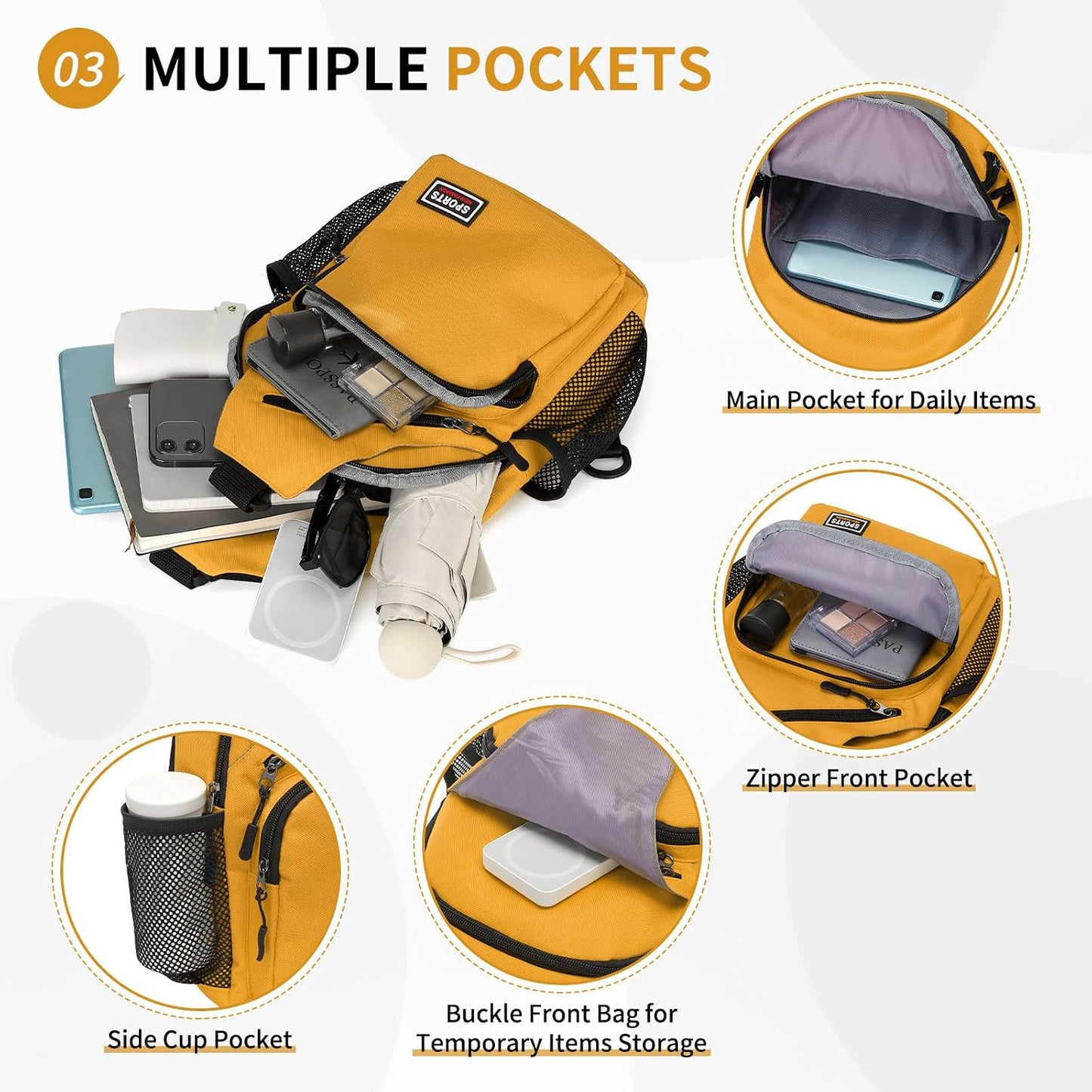 Convertible Sling Bag for Women Men Fit for 7.9" Tablet Yellow | Lightweight Mini Crossbody Backpack Daypack Anti-theft with Water Bottle Holder for Casual Travel Sport Hiking