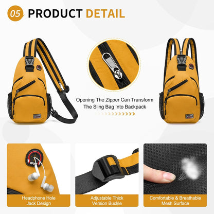 Convertible Sling Bag for Women Men Fit for 7.9" Tablet Yellow | Lightweight Mini Crossbody Backpack Daypack Anti-theft with Water Bottle Holder for Casual Travel Sport Hiking