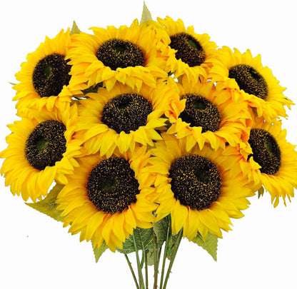 10 Pcs Sunflowers Artificial Flowers with Long Stems Silk Fake Large Sunflowers Bouquet Faux Sunflower Arrangement for Outdoor Indoor Home Vase Table Wedding Party Garden DIY Decor (Yellow)