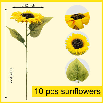 10 Pcs Sunflowers Artificial Flowers with Long Stems Silk Fake Large Sunflowers Bouquet Faux Sunflower Arrangement for Outdoor Indoor Home Vase Table Wedding Party Garden DIY Decor (Yellow)