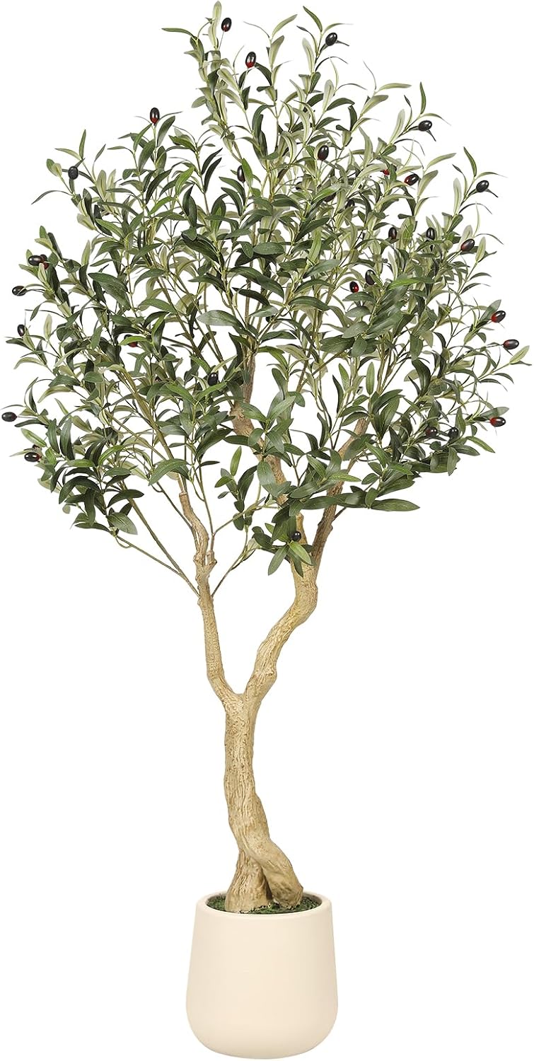 6ft Artificial Olive Tree with Tall Exquisite Planter | Realistic Faux Olive Tree with Thick Trunk and Lifelike Leaves - Large Fake Olive Tree for Home Living Room Office Decor
