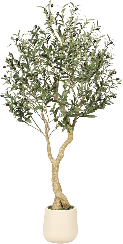 6ft Artificial Olive Tree with Tall Exquisite Planter | Realistic Faux Olive Tree with Thick Trunk and Lifelike Leaves - Large Fake Olive Tree for Home Living Room Office Decor