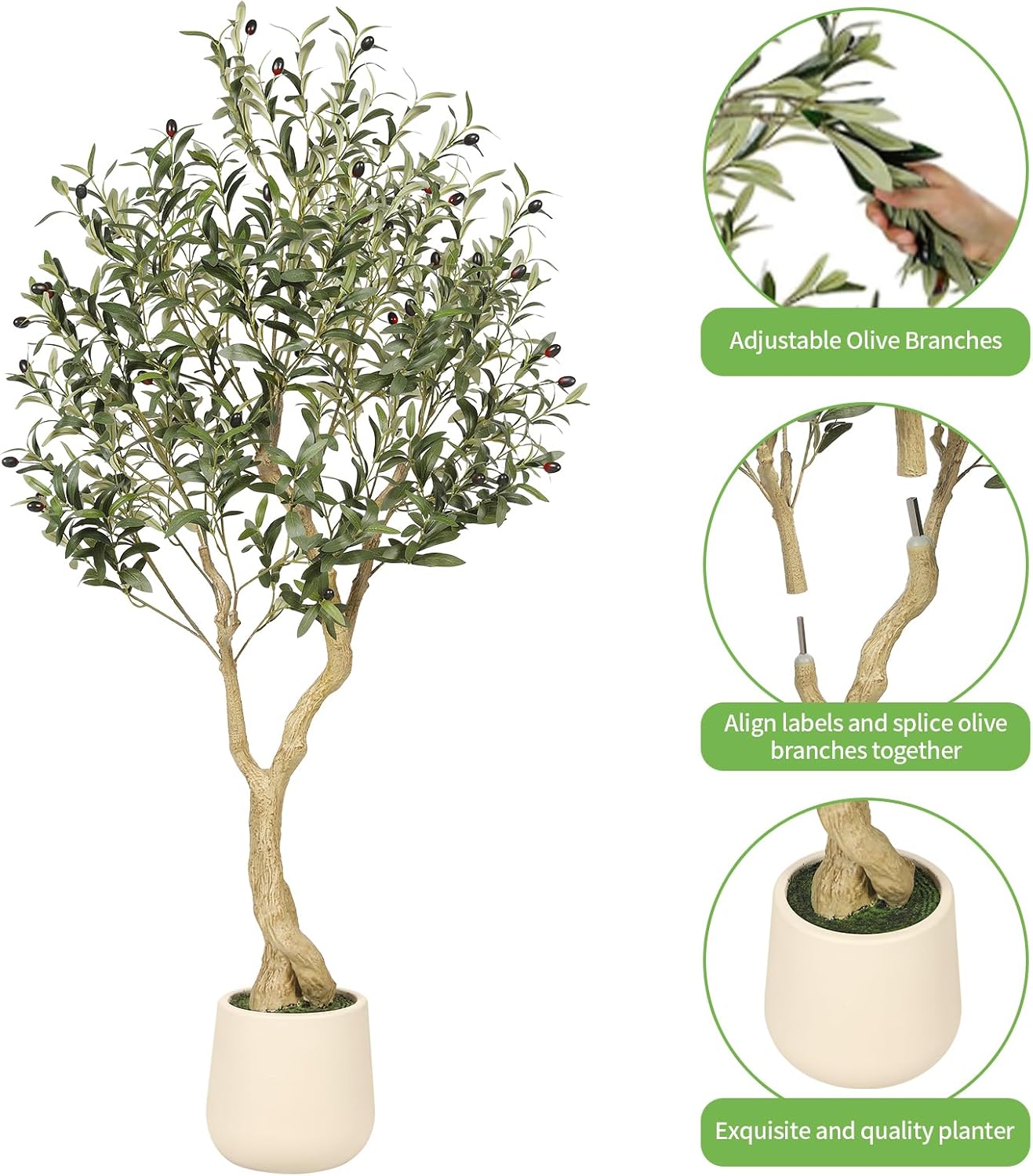 6ft Artificial Olive Tree with Tall Exquisite Planter | Realistic Faux Olive Tree with Thick Trunk and Lifelike Leaves - Large Fake Olive Tree for Home Living Room Office Decor