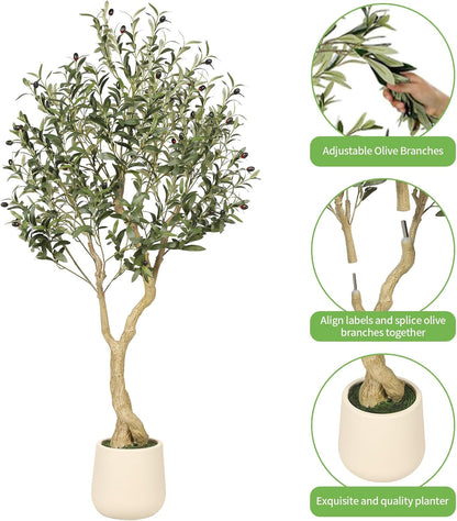 6ft Artificial Olive Tree with Tall Exquisite Planter | Realistic Faux Olive Tree with Thick Trunk and Lifelike Leaves - Large Fake Olive Tree for Home Living Room Office Decor