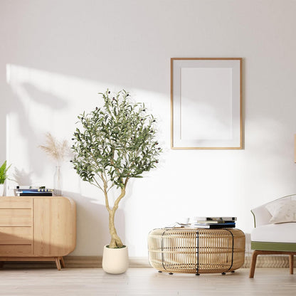 6ft Artificial Olive Tree with Tall Exquisite Planter | Realistic Faux Olive Tree with Thick Trunk and Lifelike Leaves - Large Fake Olive Tree for Home Living Room Office Decor